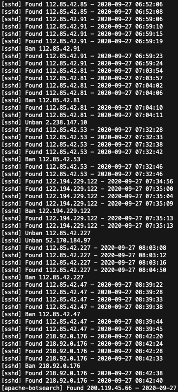 screenshot showing fail 2 ban log of malicious activity
