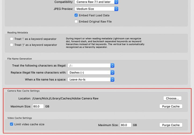 image of window selection for choosing camera raw cache settings, displaying an selection of 80 gigabytes